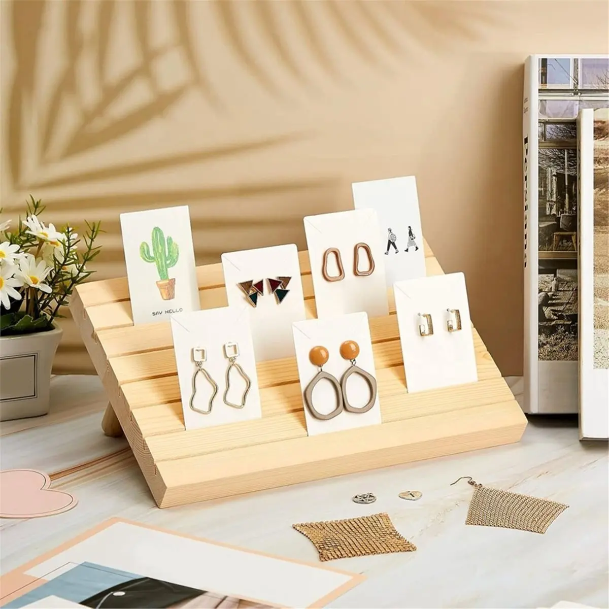 Workshop Gear Wooden Earring Display Stand,7 Slot Jewelry Holder with Earring Cards for Vendors & Retail Shows