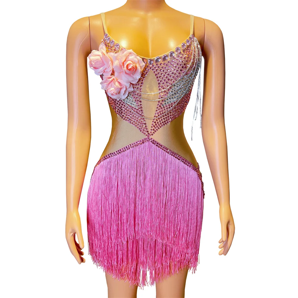 

Новый женский костюм певицы для джазового танца, розовое блестящее платье с бахромой и стразами, Ds Dj, вечернее боди для вечеринки, наряды для подиума на сцене