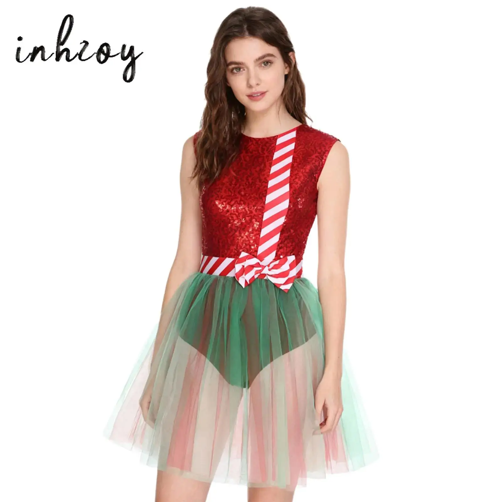 

Women's Christmas Elf Costume Sparkly Sequins Round Neck Sleeveless Bow Mesh Puffy Dress Bodysuit for Xmas Parties Santa Claus