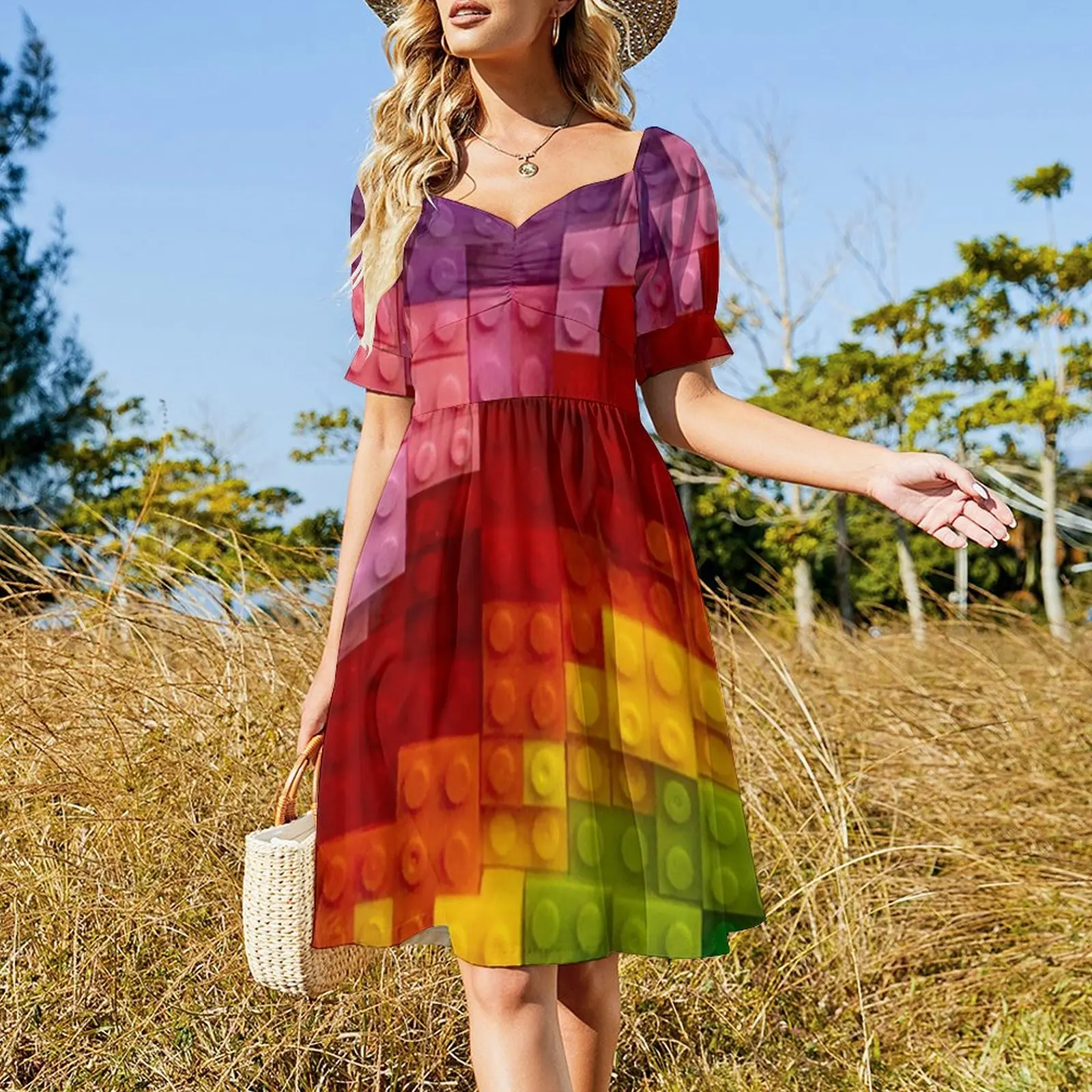 Building block style rainbow colours Short Sleeved Dress women formal occasion dresses dress korean style Dress