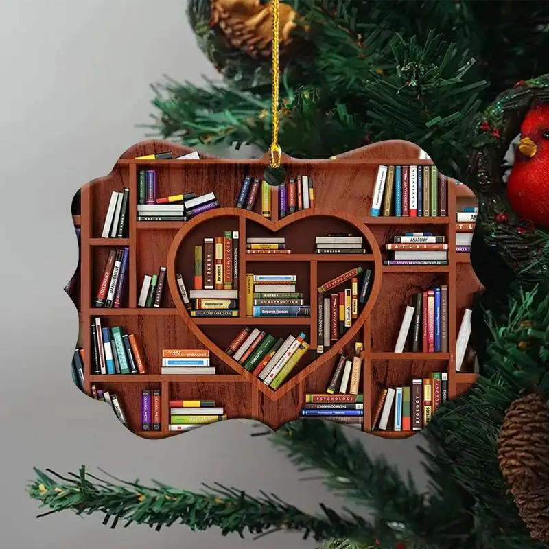 Book Lover Heart Ornament Flat Librarian Ornaments 2D Reading Bookcase Christmas Acrylic Ornament For Window Windowsill Tree