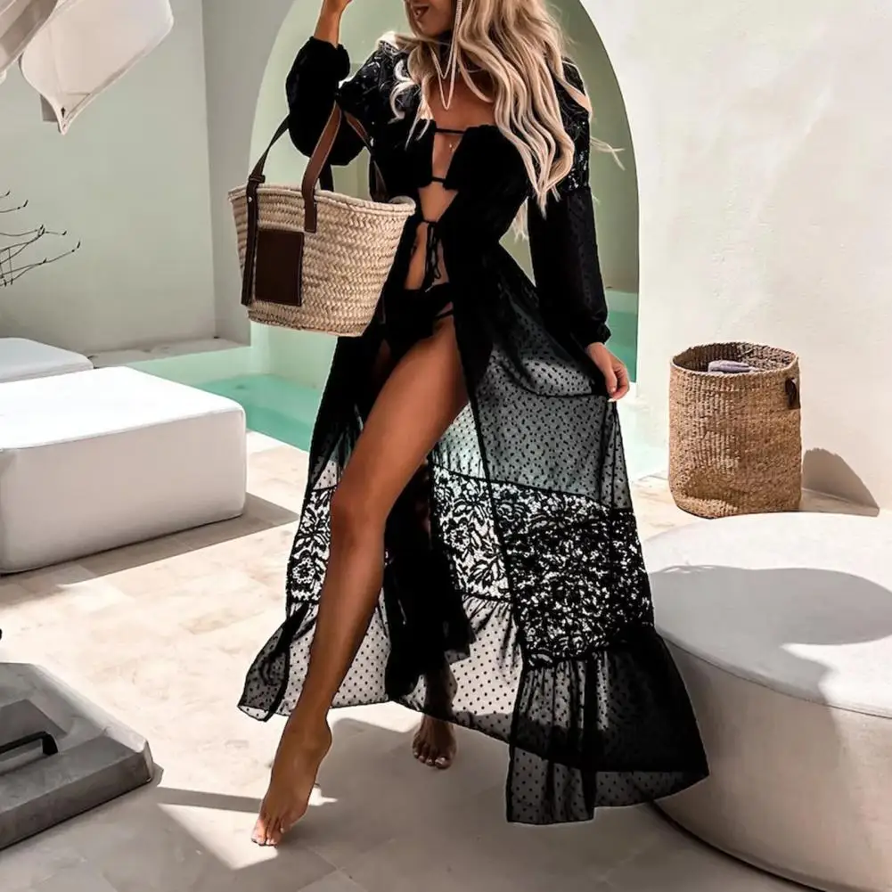 

Woemn Bikini Cover Up See-through Lace Thin Cardigan Long Sleeves Tassel Sunscreen Lace Up Maxi Dress Sexy Beach Dress Cover-ups