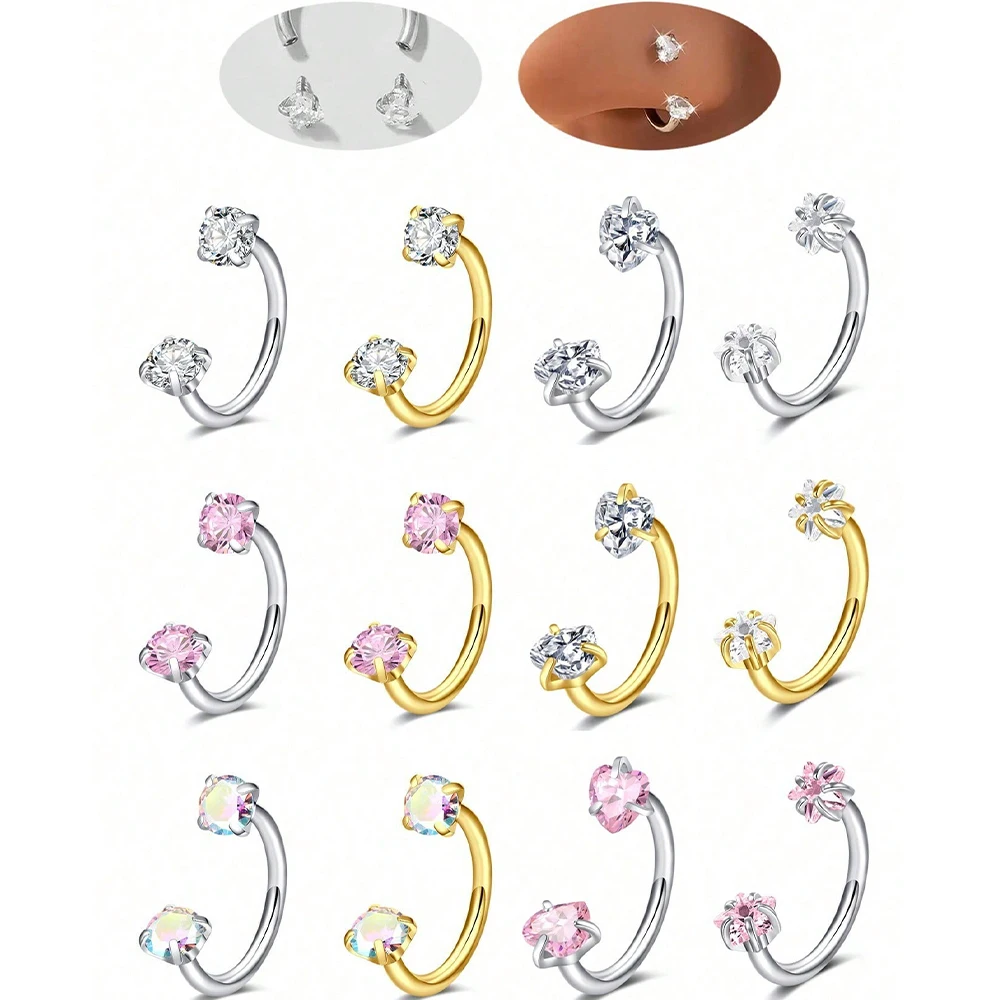 2 Stuks Rvs Zirconia Hoefijzer Ring Piercing Neus Oor Buik Ringen Vrouwen Kraakbeen Helix Oorbellen Daith Piercing Sieraden - afbeelding 2