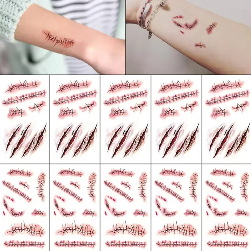

10 Sheets Halloween Horror Wound Temporary Tattoos Waterproof Realistic Blood Tattoo Scar Tattoo Stickers Suitable for Face and