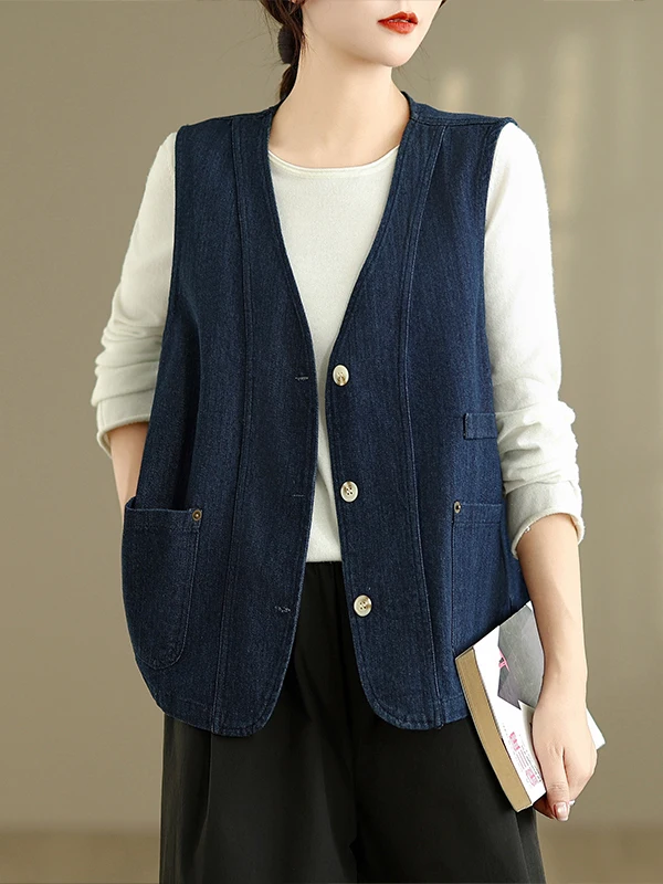 

Spring Autumn 2025 Loose Casual Slimming V-Ne Simple Denim Vest Unique Design Women's Tank Top ort Length Single Button