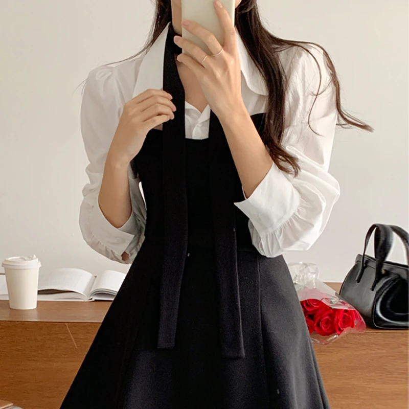 Chic Knitted Long Sve  Ne irt Women's Simple Sli Autumn Design Sense Versatile Padded Fake Two-Piece Top