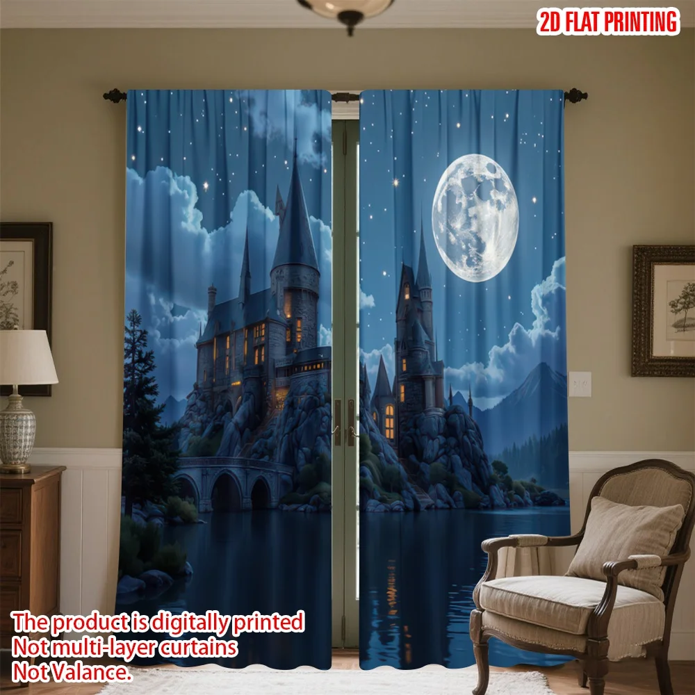 2D flat printing 2pcs Curtain Moonlit Castle by Lake Digital Printed Polyester Drapes Family Party Decoration Perfect for Yard &