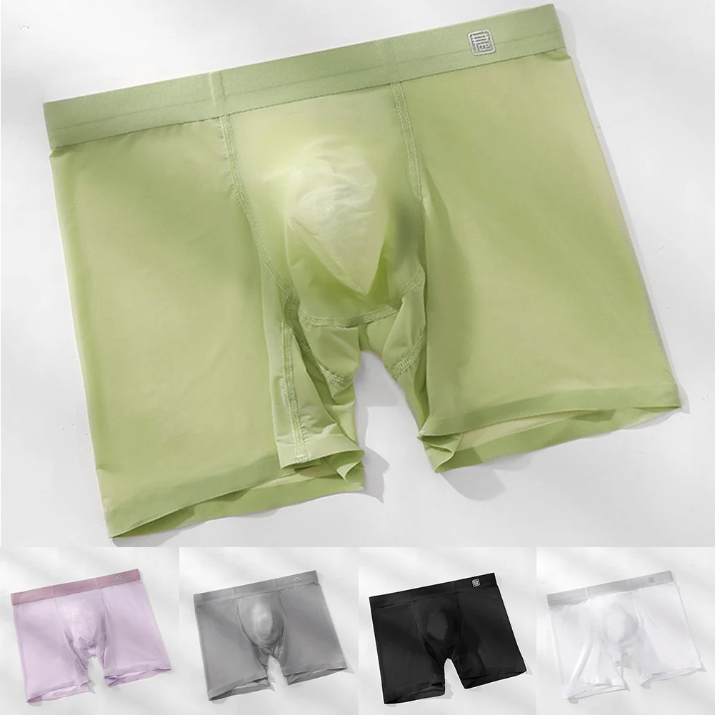 

Men Ice Silk Boxer Briefs Underpants Seamless Long Leg Shorts Boxers Ultra-thin U Convex Pouch Underwear