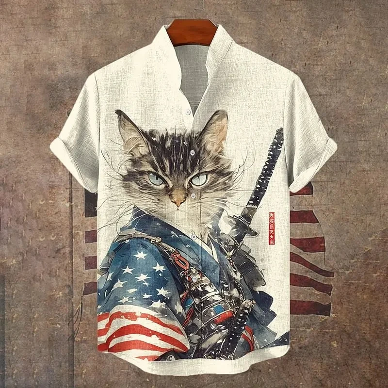 2026 fashionable men's trendy assassin ninja black cat pattern printed short-sleeved button shirt
