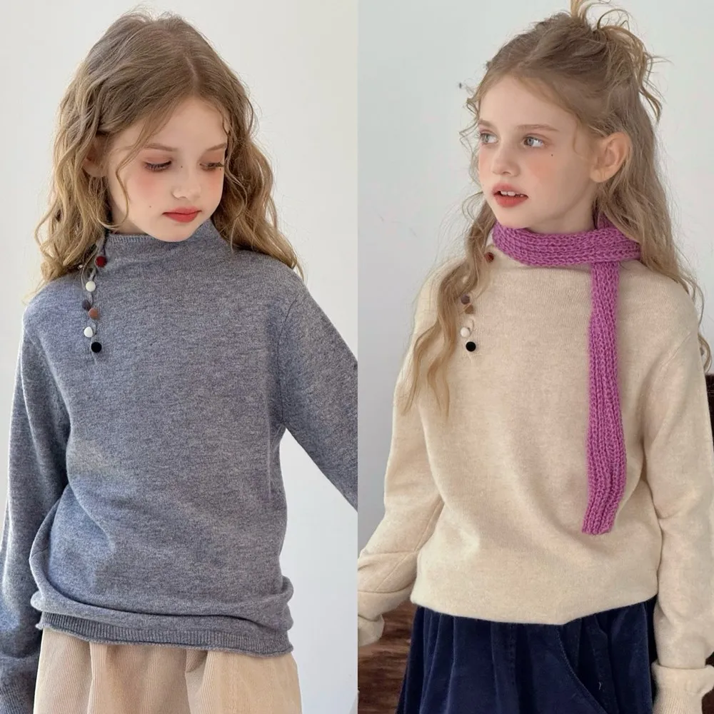 

Детские свитера из 100% шерсти, цветной свитер ручной работы на пуговицах с высоким воротником, пуловер для девочек