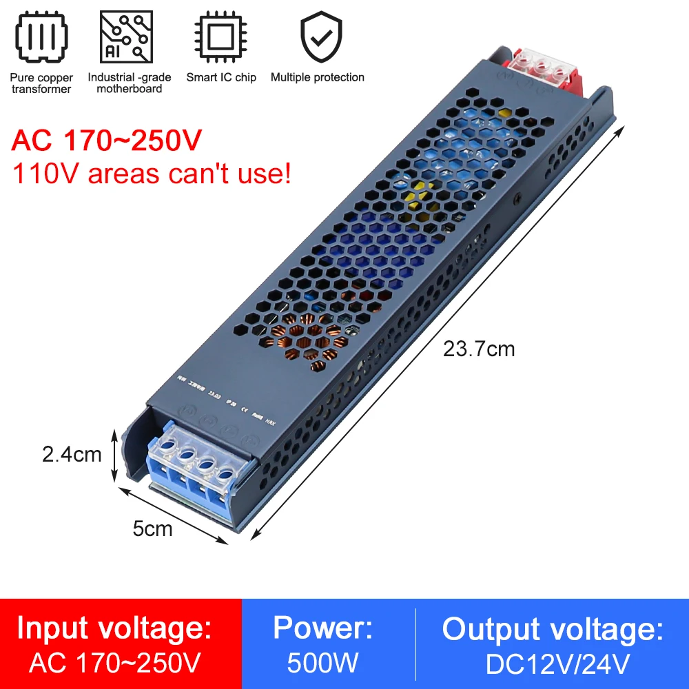 12V 24V LED-Netzteil AC zu DC Transformator 200W 500W Superdünner Konverter für LED-Streifen Glühbirnen LED-Treiber