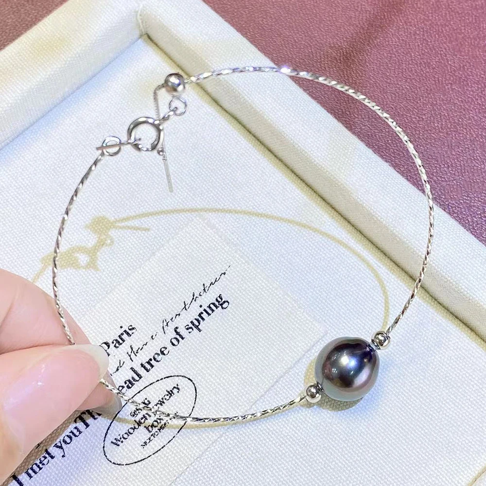 Silver Shiny Elastic Ring Classic Fashion Through Hole Pearl Bracelet with 9-10mm Natural Mirror Surface Tahitian Black Pearl
