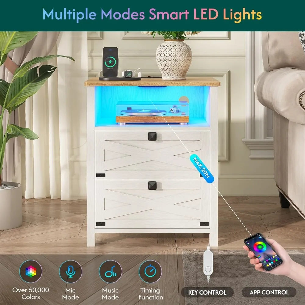 مجموعة منضدة مزرعة بيضاء ريفية عتيقة لغرفة النوم، وطاولات بجانب السرير مزدوجة مع محطة شحن وأضواء LED