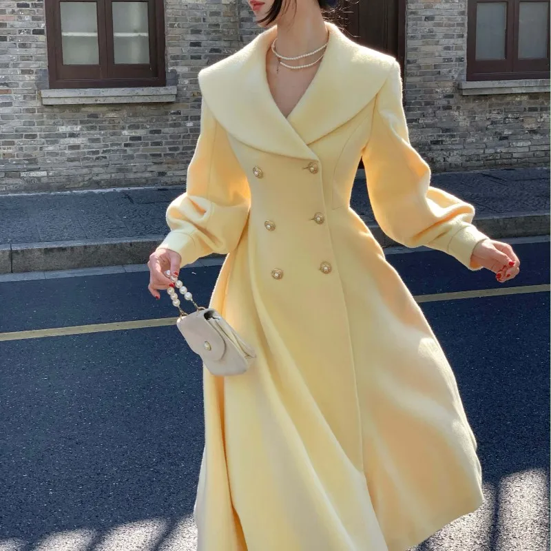 Fashion Women's Long Coats Winter New Outerwear Lapel Double Breasted Lantern Sleeve Solid Vintage Chic Woolen Overcoats 2024