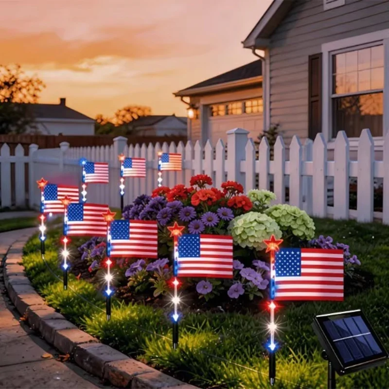 8 in1 Solar American Flag Lights Outdoor Solar Flag Pathway Patriotic Stake Light Set Waterproof LED Outdoor Yard Garden Decor