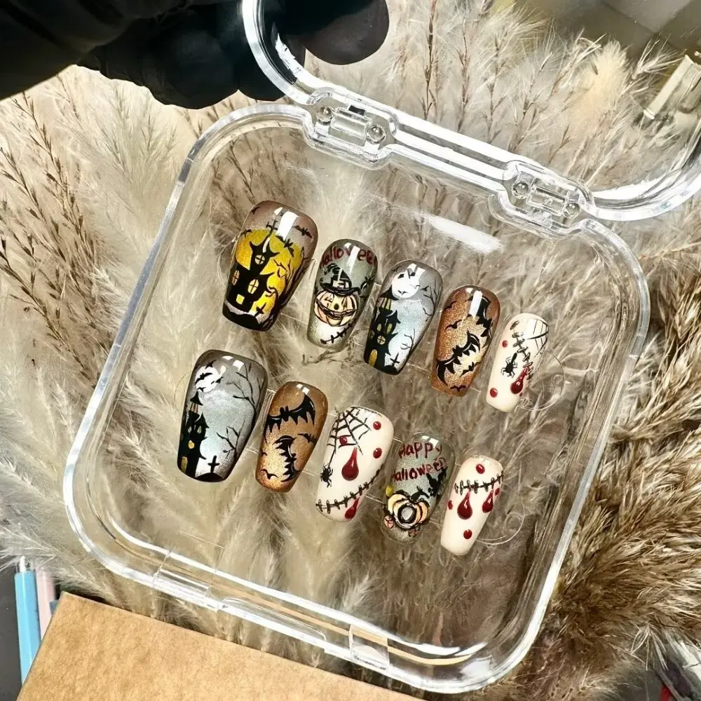 Handmade Press On Nails Halloween Carnival 3D Evil Pumpkin Medium Oval Coffin Square Fake Nails Design Art DIY Nails with Set