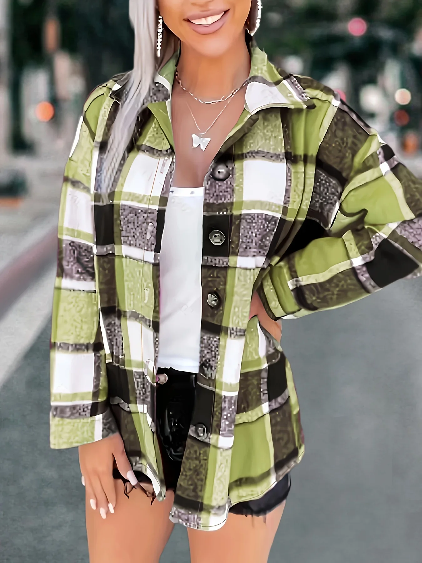 

Plus Size 1XL-5XL New Women's Casual Plaid Shirt Classic Button-Up Collar Long Sleeves Top Ladies Casual Commuting Shirt