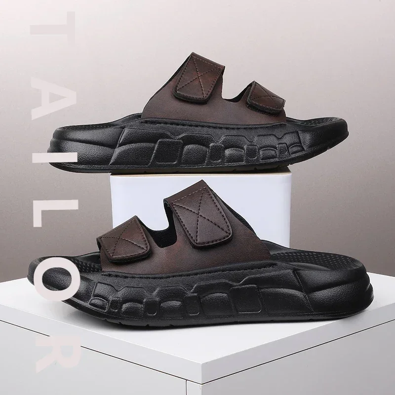 

Новые мужские тапочки, домашние и уличные сандалии, пляжные кожаные удобные шлепанцы, мужская повседневная обувь, шлепанцы, тапочки, сандалии для улицы