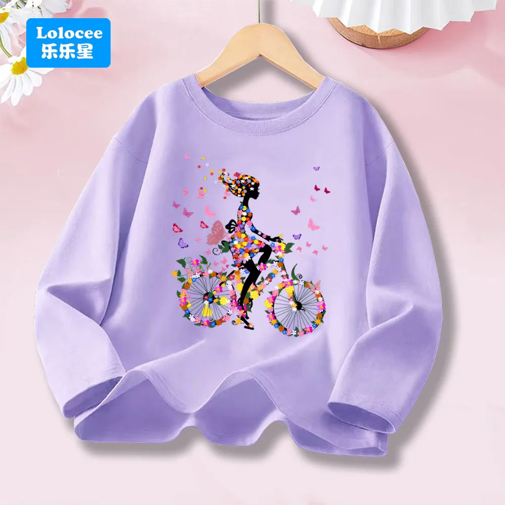 Girls' Spring Autumn Cotton T-shirt, Floral Bicycle Girl & Butterflies Print Long Sleeve Kids Top Fashion Funny Tee Shirt DCHD1