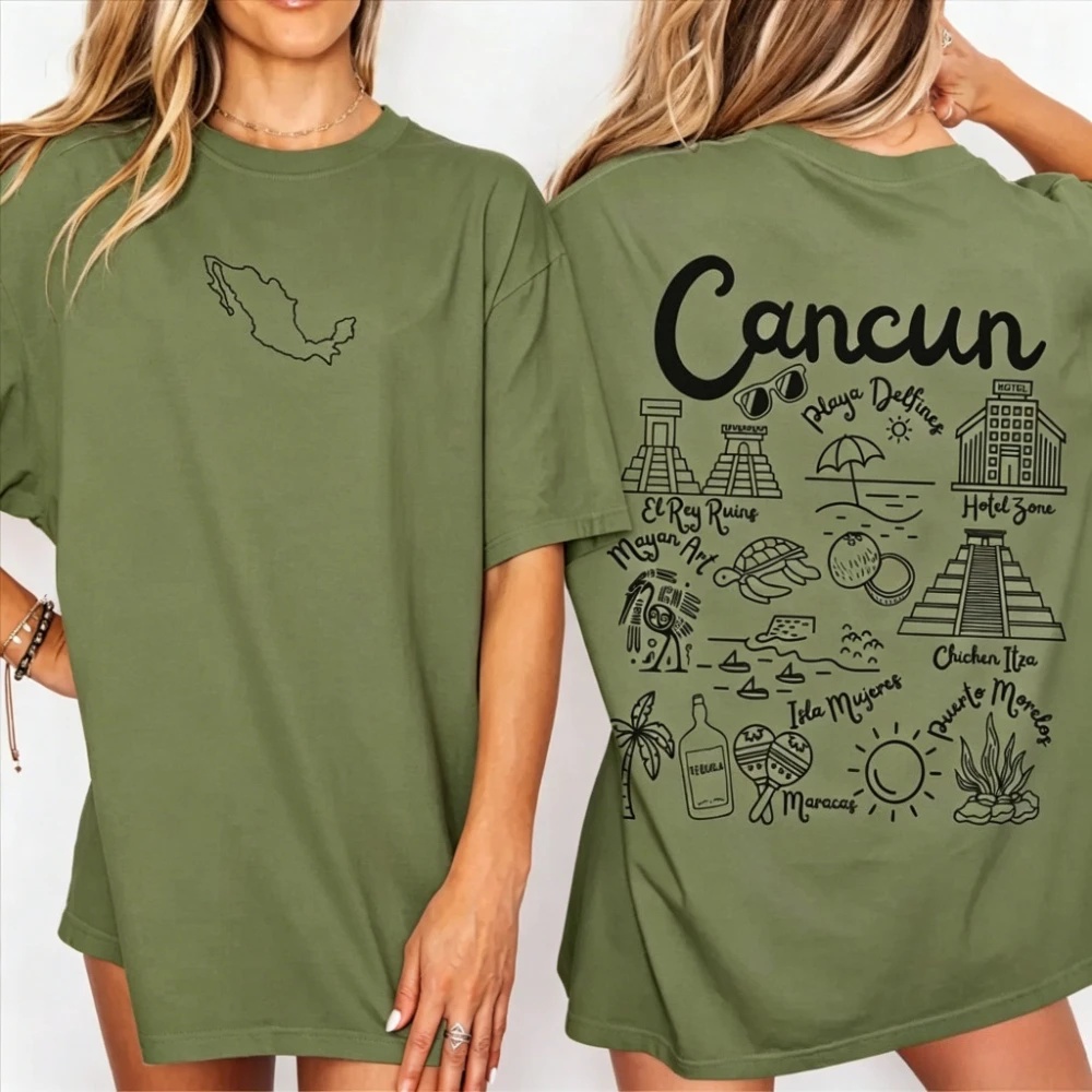 Cancun Shirt Mexico Doodles Landmarks Unisex Casual Shirt Mexican Gift Souvenir Summer Tee Playa Del Carmen Women Fashion Tee