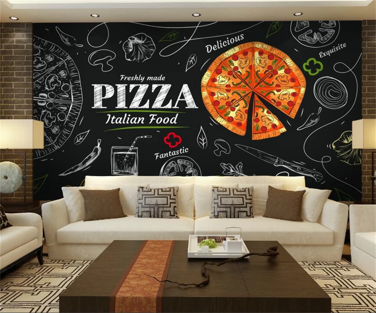 Customize any large mural hand-painted blackboard pizza shop catering storefront background wall mural decoration 3D wallpaper