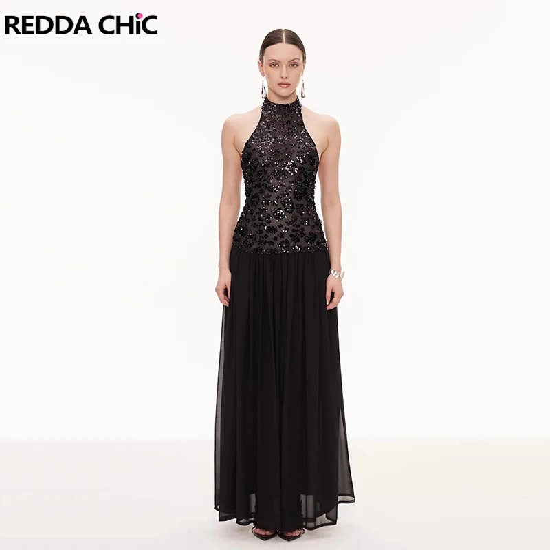 

REDDACHiC Sequin Halter Party Dress Black Vintage Patchwork Backless Glitter Maxi Long One-piece Evening Elegant Women Clothes