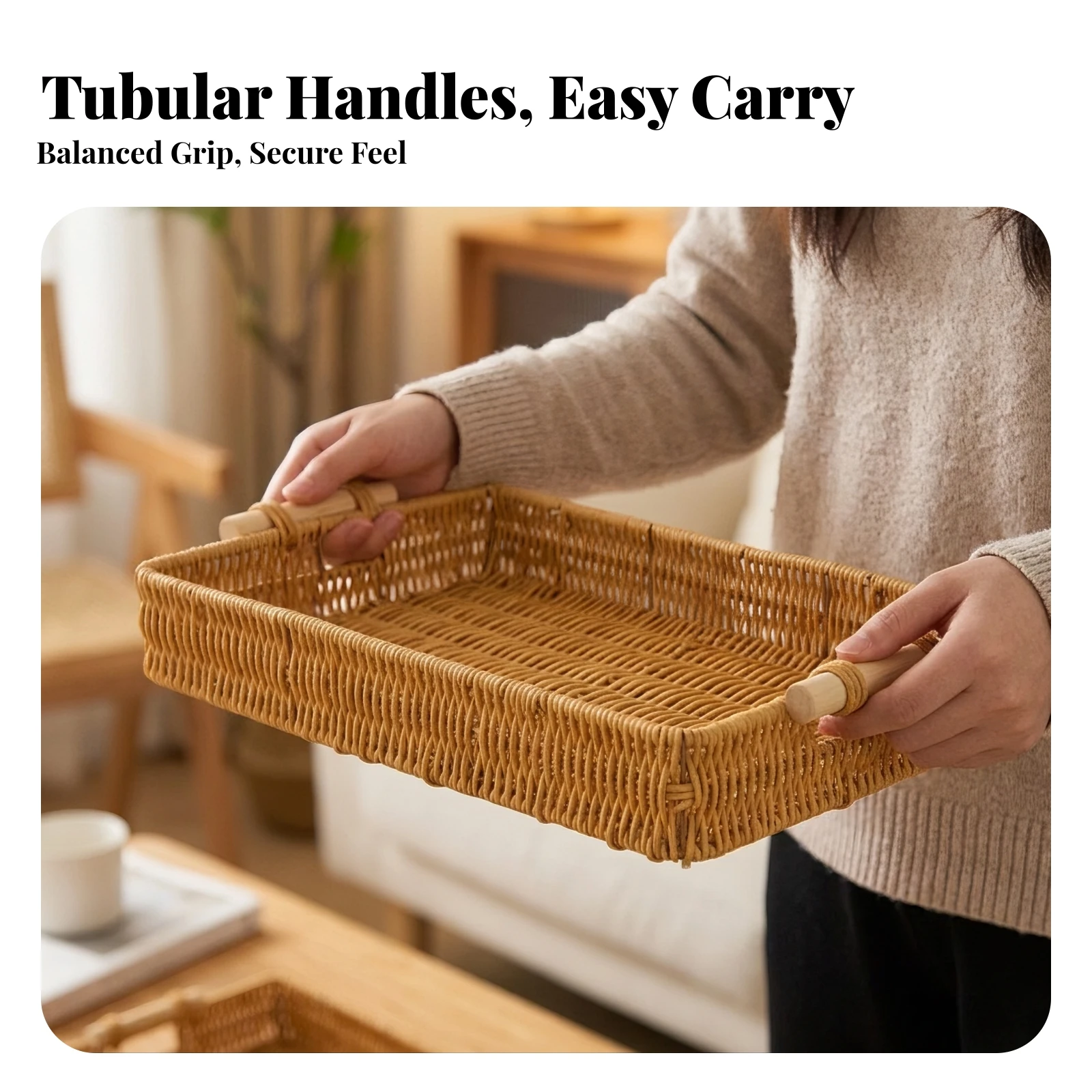 Rattan Tray with Handles Handwoven Woven Tray Bread Basket with Handles Portable Fruit Basket Rustic for Kitchen, Countertop