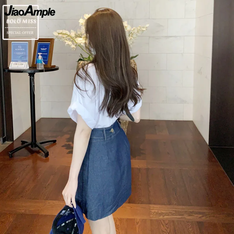 2022 Summer Women's Skirt Suit Korean Elegant Loose Midi Short Sleeve T-Shirt + High Waist Irregular Denim Skirts Two-piece Set
