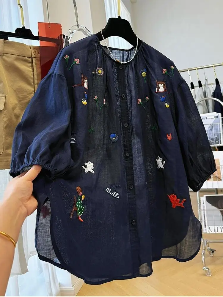 

Embroidered High-end Shirt Fashion Seven Quarter Sleeve Round Neck Shirt for Women's Summer Temperament Small Shirt Thin Top