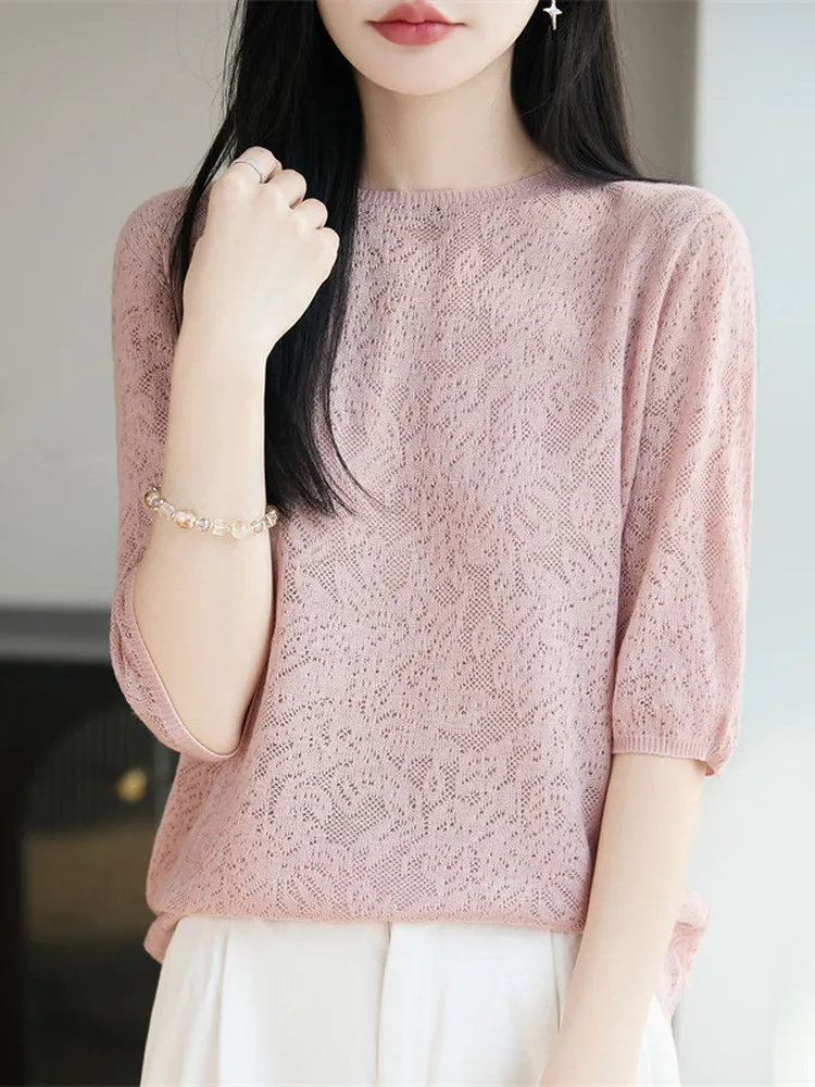 

Spring Summer Lace Hollow out mid Sleeve Knitted Loose Women's Top Breathable round Neck Five Sleeve Length Chinese Made