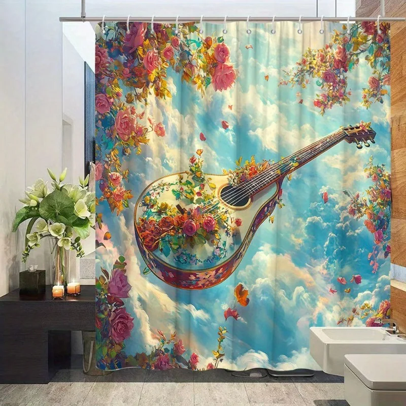 Vibrant Watercolor Floral Guitar Shower Curtain Bathroom Decor Tropical Bloom Music Shower Curtain