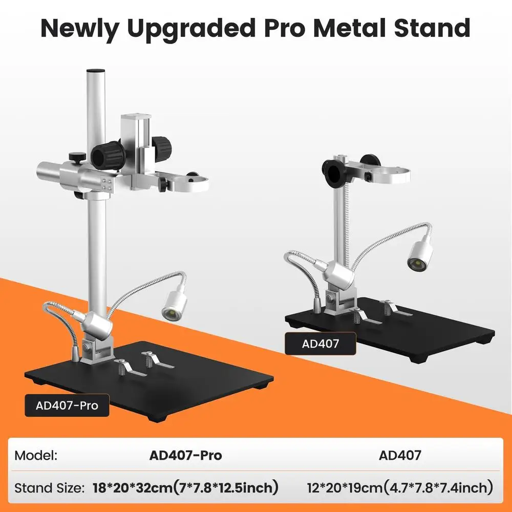 Microscopio digital profesional con soporte de metal 4MP UHD Pantalla LCD de 7" Video USB Grabación HDMI 360 °   Soporte Giratorio Brillo Ajustable