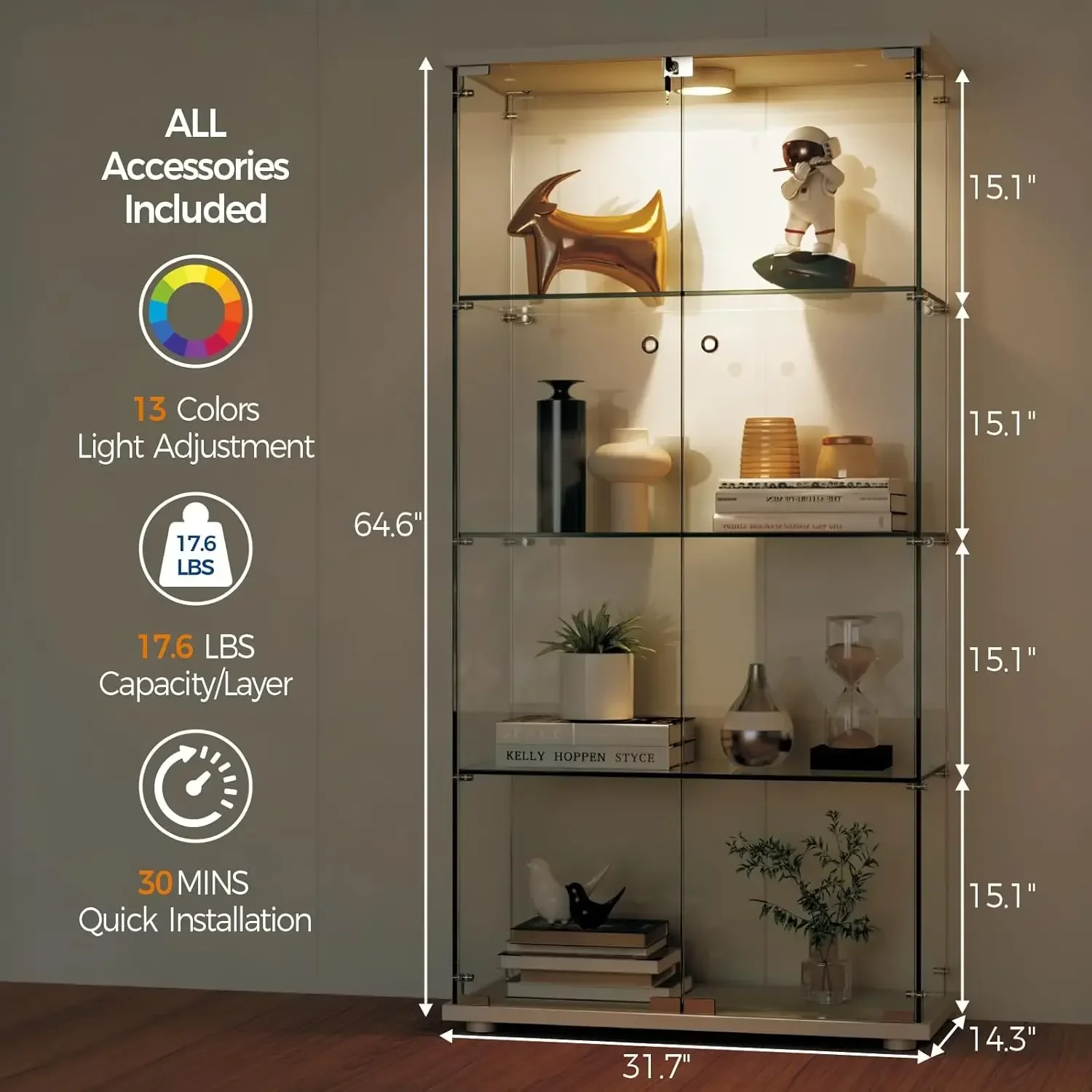 White Lockable Tempered Glass Display Cabinet With LED Light Four Shelves Double Doors Storage Showcase For Living Room Bedroom