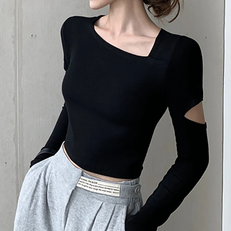 Skew Collar Crop Tops Y2k Women T Shirt Hollow Out Long Sleeve Elastic Tshirt Camiseta Autumn Slim Short Clothes Tee Shirt Femme