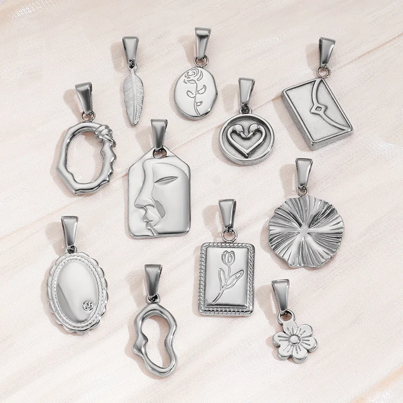 10Pcs Vintage DIY Pendants Stainless Steel Hollow Out Flower Heart Geometric Charms For Necklace Making