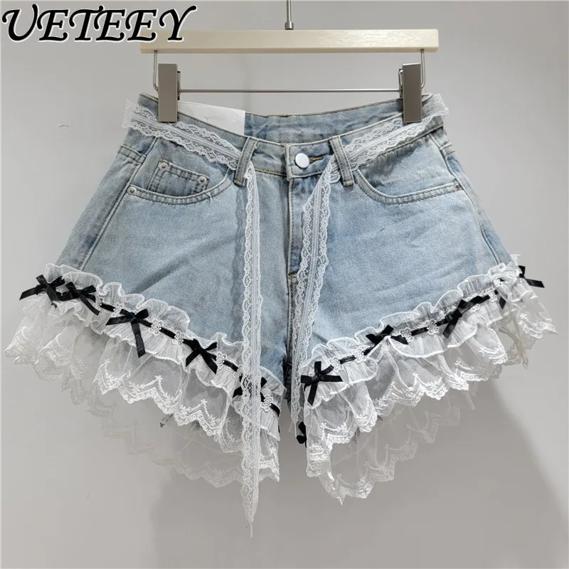 Light Color High Waist Lace Mesh Casual Denim Shorts Jeans Women's Summer Fashion Foreign Style Sweet A-line Wide Leg Hot Pants