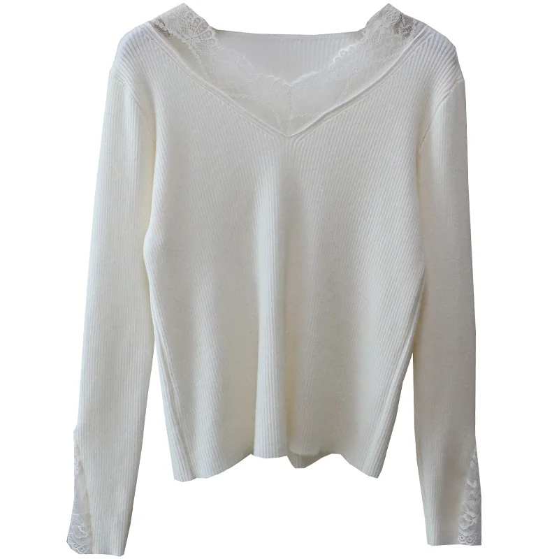 Winter Knitted Lace Top Women's Base Layer V-Ne Splicing Slimming Oats Color Warm Gentle Sle Faionable Innerwear