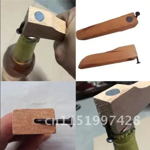 Wooden Beer Bottle Opener with Creative Nail Design and Thor Hammer Shape, Multifunctional Long-handled Bottle Opener