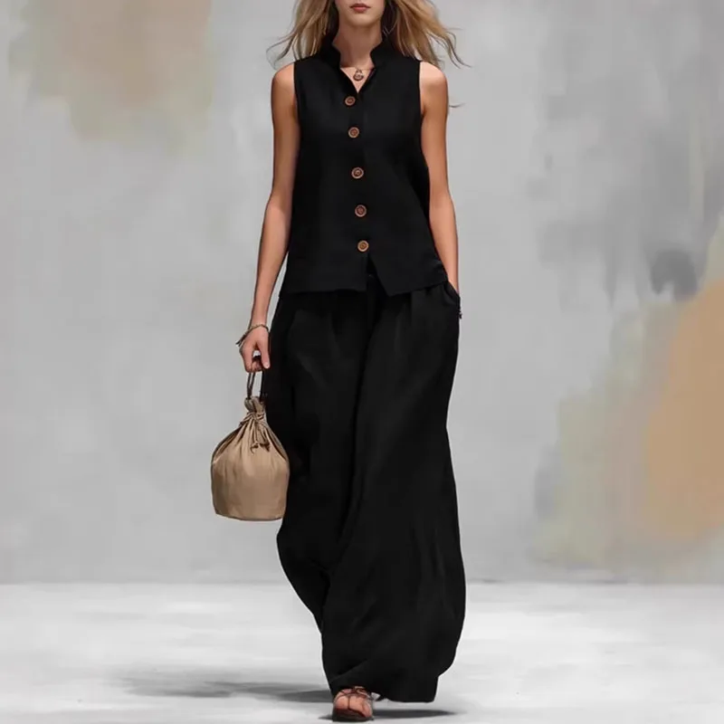 Bohemian High Waist 2Pcs Suit Women Stand Neck Sleeveless Button Vest Oversized Wide Leg Pants Sets Casual Holiday Travel Outfit view 6