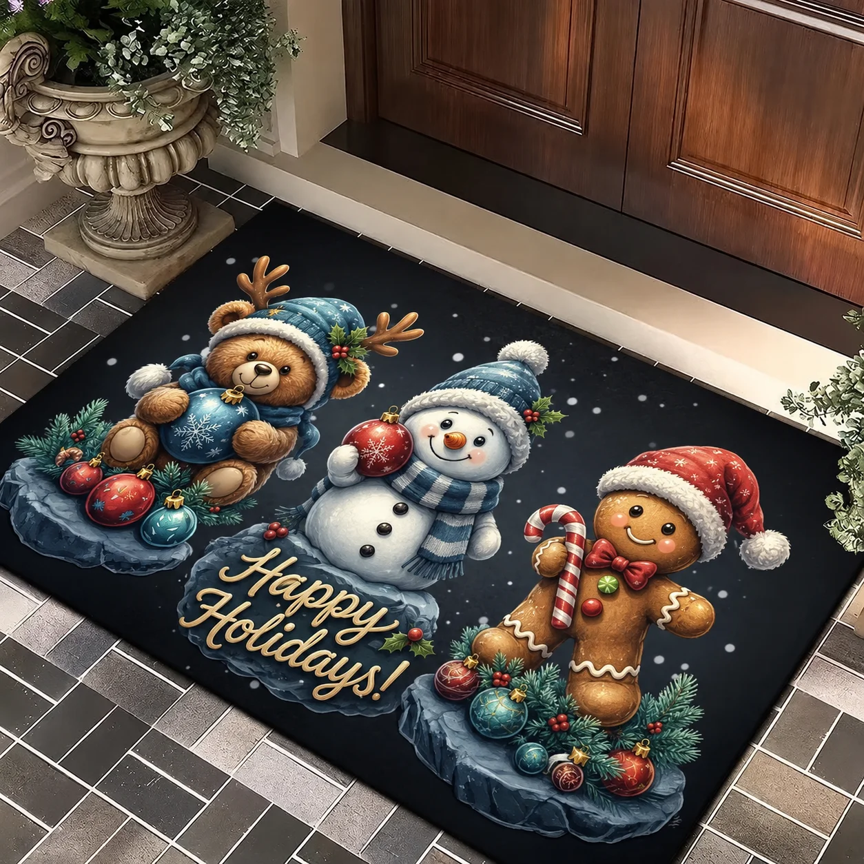 Merry Christmas Gnome Christmas Floor Mat Three Gnomes Colorful Xmas Balls Snowflake Pattern Rug Indoor Holiday Home Accent