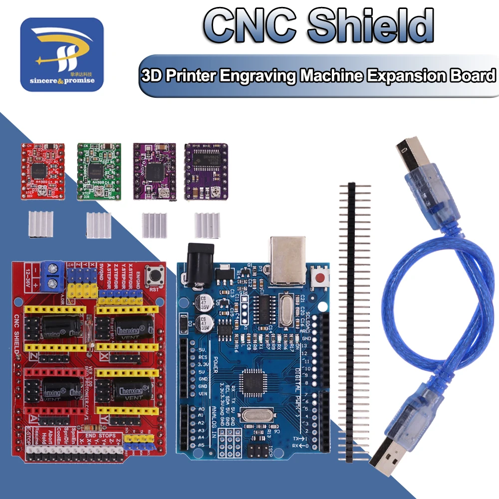 CNC Shield V3 Engraving Machine 3D Printer+ A4988 DRV8825 AT2100 Driver Expansion Board For Arduino + UNO R3 with USB cable