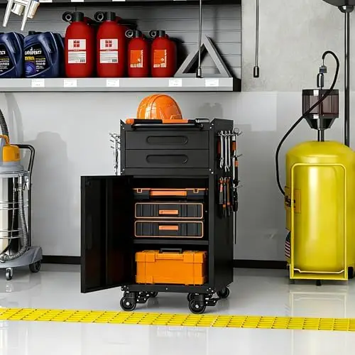Metal Storage Cabinet for Garage, Tool Cabinet, Utility Cabinet | Wheeled, Rolling Tool Cabinet, 2 Drawers, 1 Door