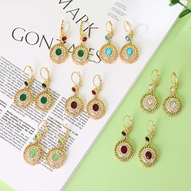 Chic Gold Color Crystal Eardrop For Women Round Fashion Moroccan Style Wedding Bride Earrings Drop Hook Jewelry