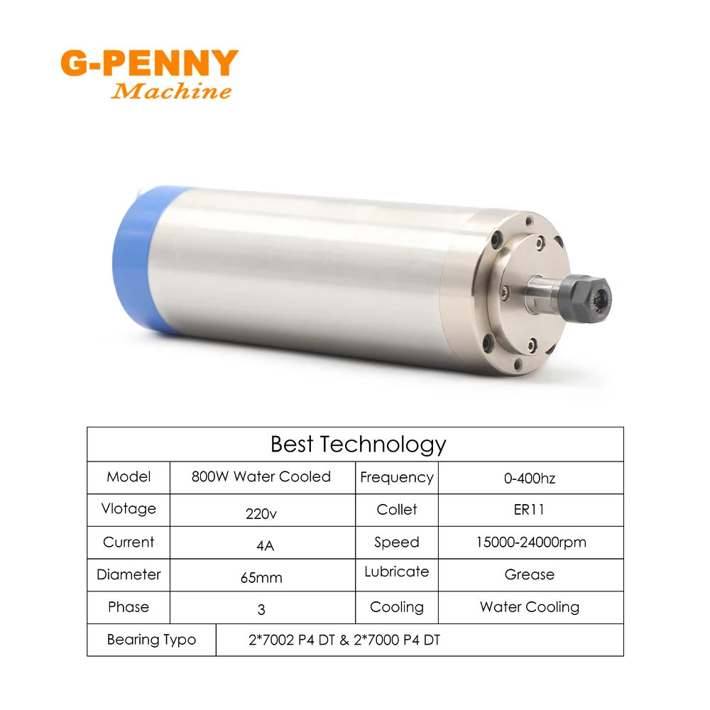 G-Penny 110V/220V 800W ER11 Spindle Motor Water Cooled 24000rpm 65mm 0.8kw 400HZ for Wood Working