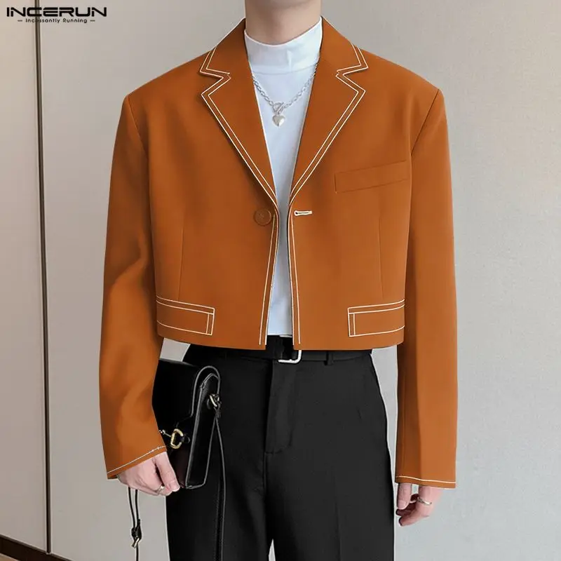 

INCERUN мужской пиджак в стиле пэчворк с лацканами и длинным рукавом на одной пуговице, повседневный мужской костюм, уличная одежда, элегантный модный тонкий пиджак в корейском стиле