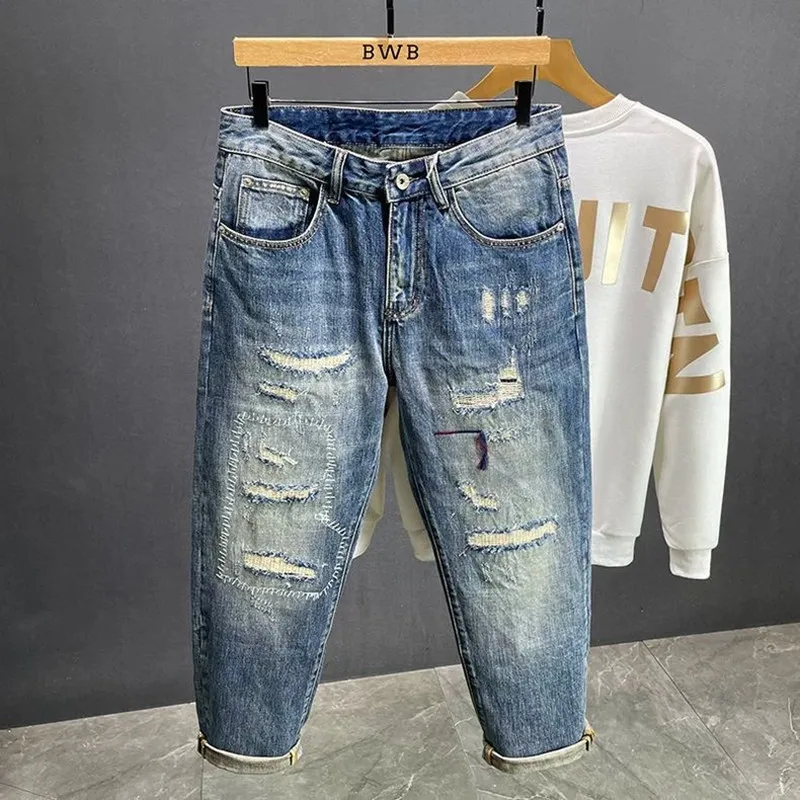 

Spring And Autumn New Fashion Trend Ripped Straight Leg Elastic Blue Jeans For Men's Casual Loose High-Quality Denim Pants