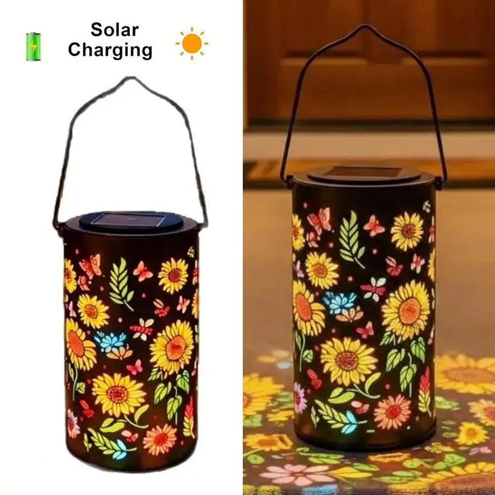 

Садовый фонарь на солнечной энергии, красочный, в форме подсолнуха, из полого железа, подвесной светильник, IP65, водонепроницаемый, уличный проекционный светильник для декора двора