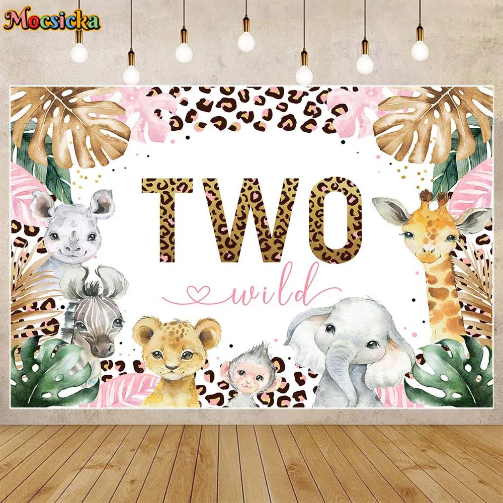 Mocsicka Girl Wild One Birthday Sfondo Giungla tropicale Foglie Animali Baby 1st Birthday Party Decor Sfondo Photocall Puntelli