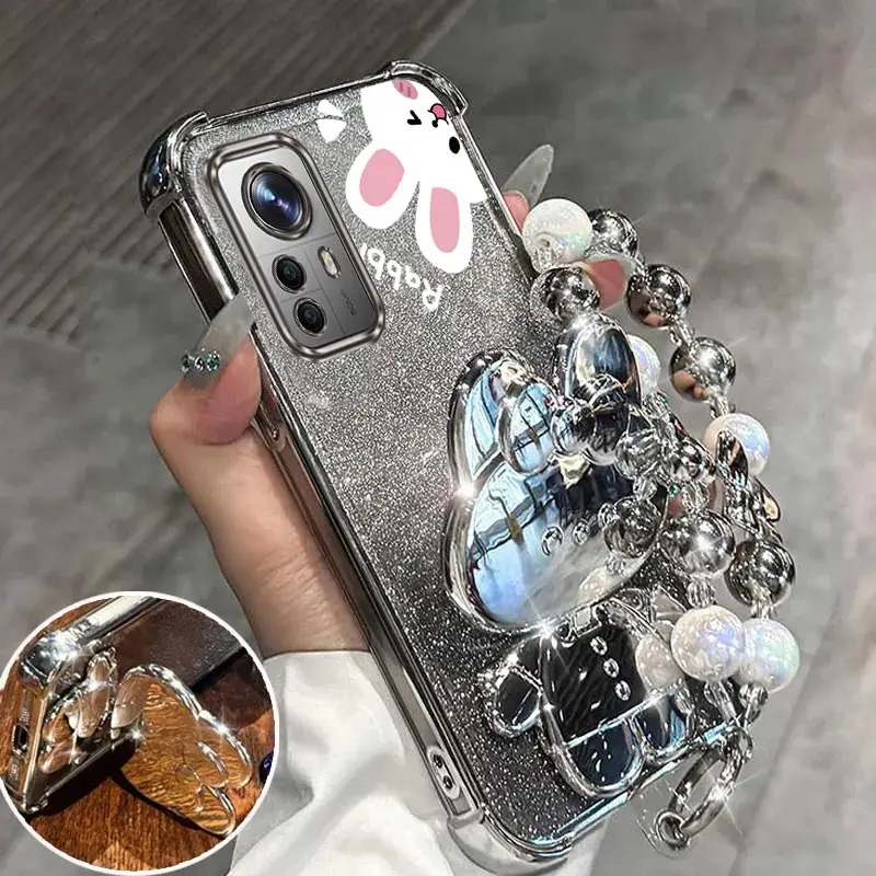 Airbag Glitter Mirror Rabbit Phone Holder Case On For Xiaomi Mi 11 11i 11T 12 12T Pro Lite 4G 5G Anti-knock Stand Back Cover
