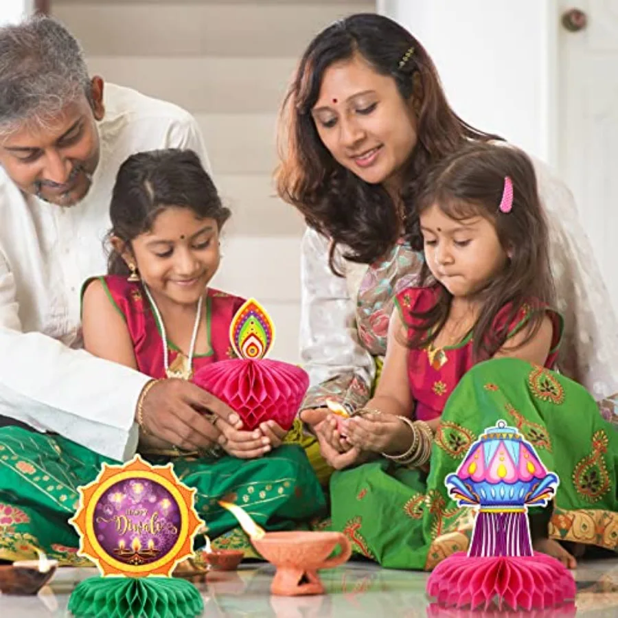 12 Pieces Diwali Party Decorations Paper Honeycomb Centerpiece Table Toppers Festival of Lights Party Supplies for Happy Diwali